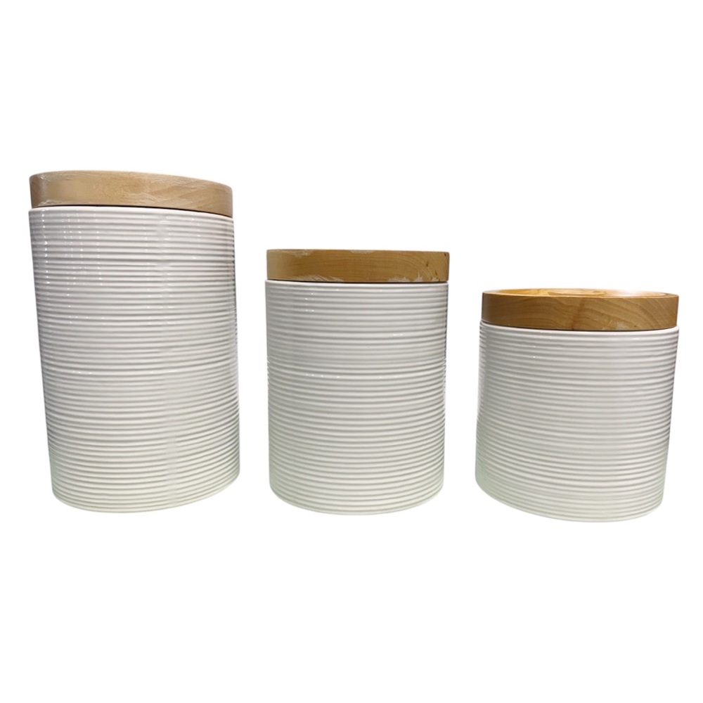 Williams Sonoma | Set of 3 White Ribbed Ceramic Canister with Wooden Lids